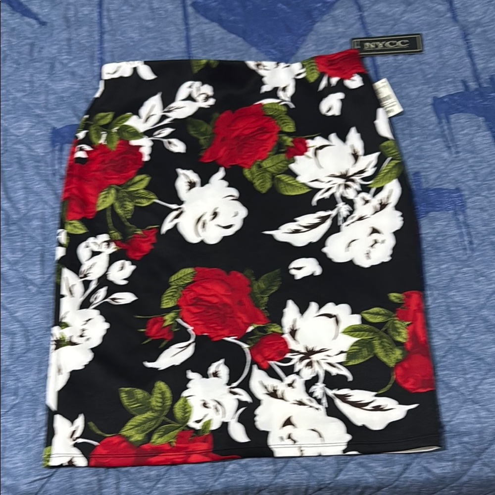 NYC Black Pencil Skirt with Red Floral Design